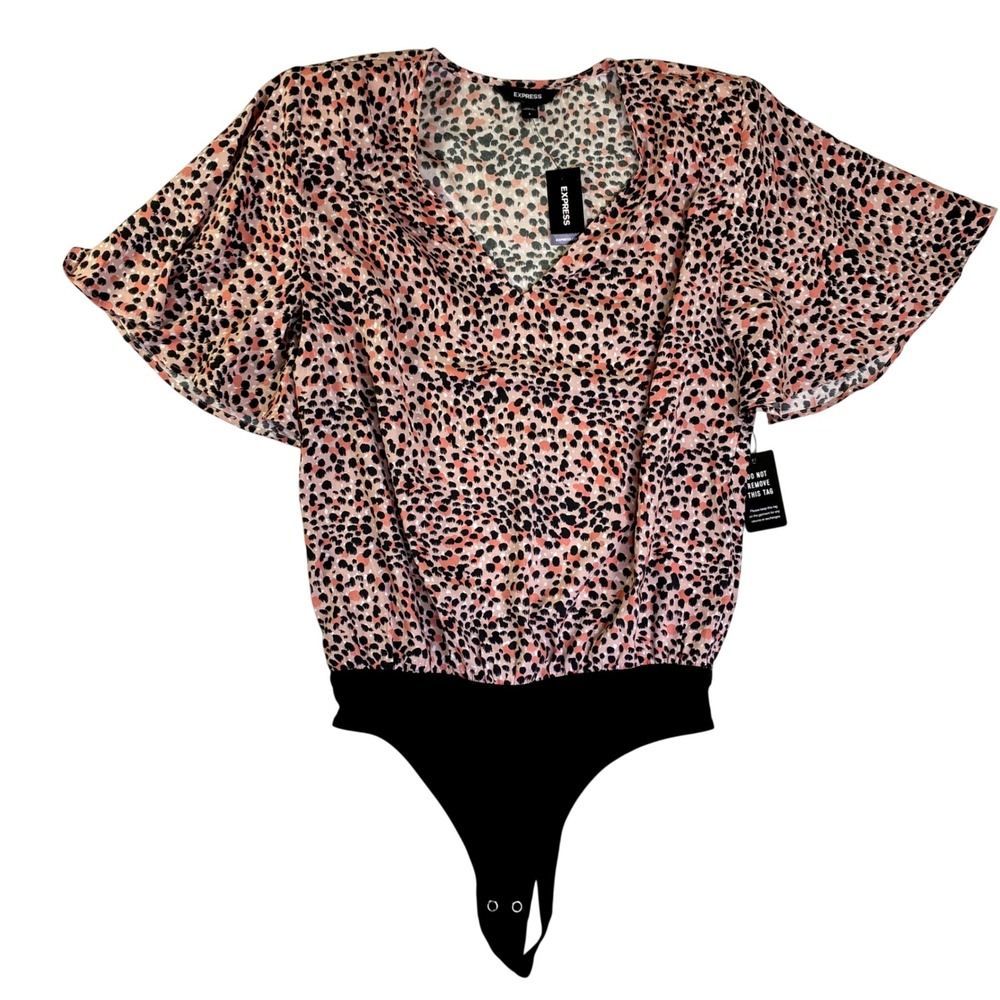 Express Pink Leopard Print Surplice V-Neck Flutter Sleeve Thong Bodysuit Small